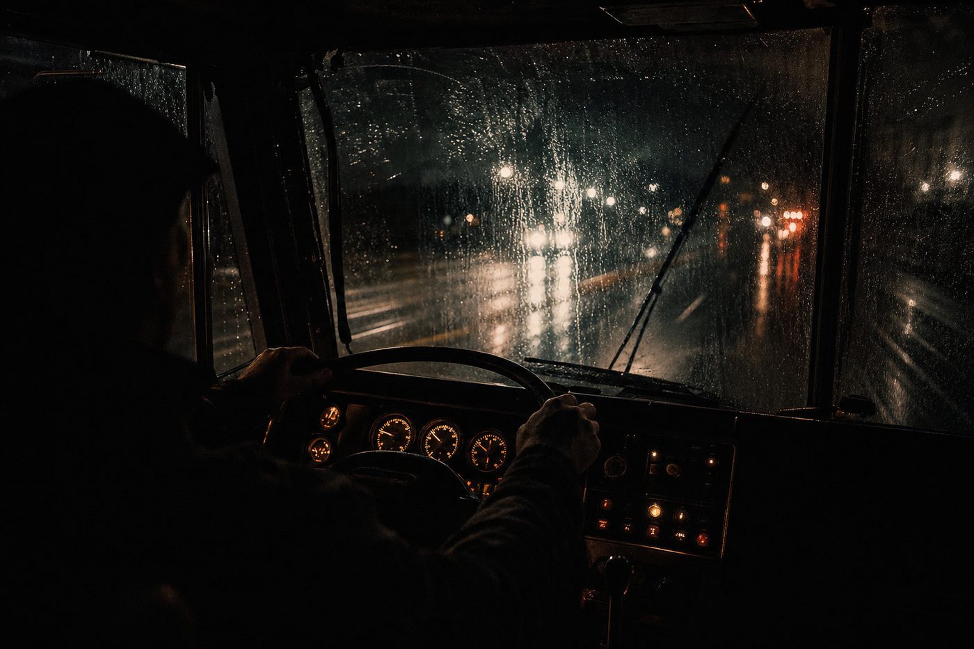 View from a truck cab on a rain-soaked highway at night