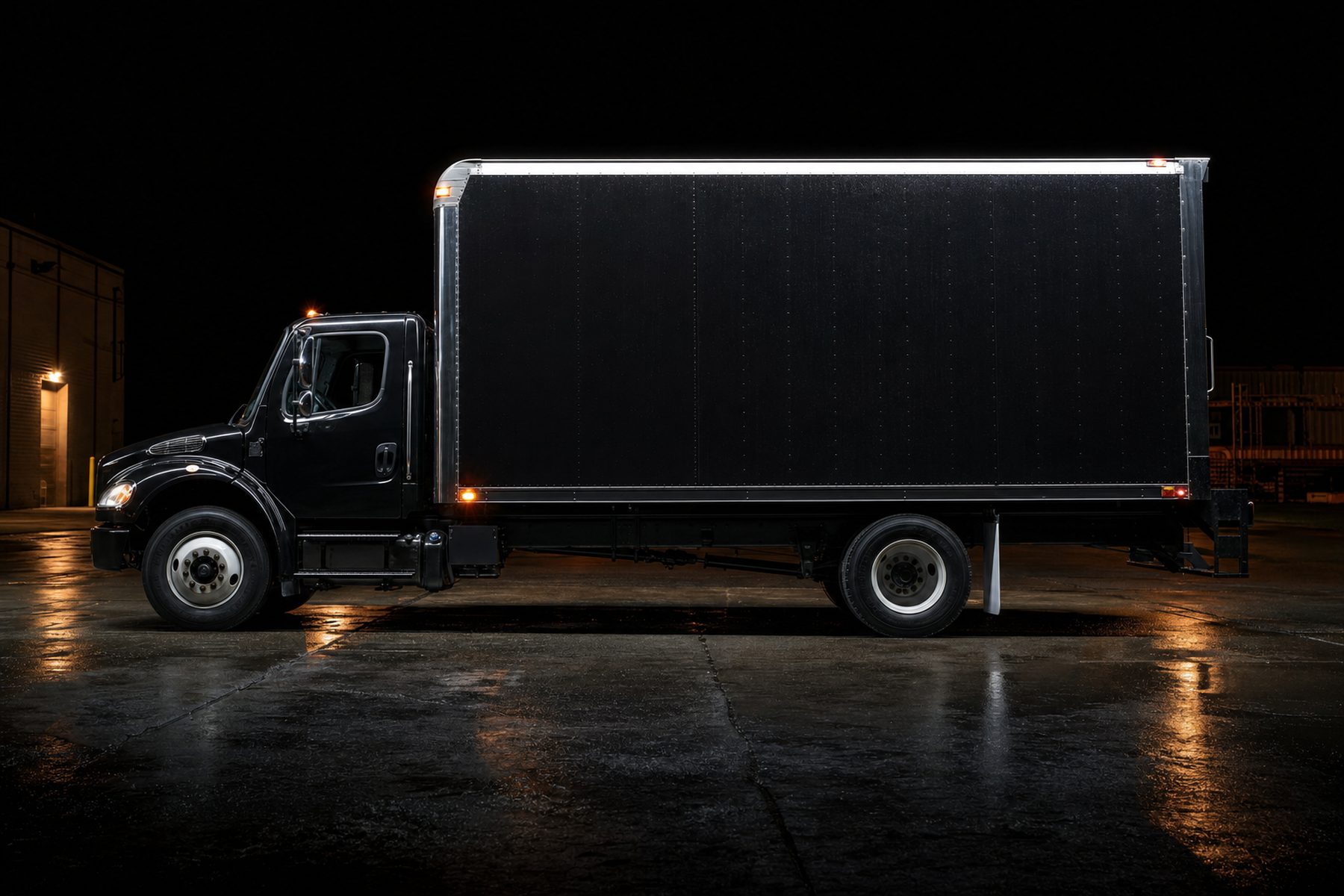 Black 26-foot box truck parked under lights at night